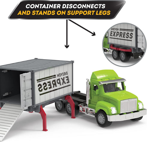 Driven by Battat Micro 1:24 Scale Toy Container Truck with Lights & Sounds for Kids - Realistic Delivery Truck