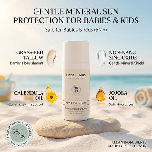 40 Kids Mineral Sunscreen SPF Non-Nano Zinc Oxide Sun Protection with Grass-Fed Tallow, Lightweight No White Cast