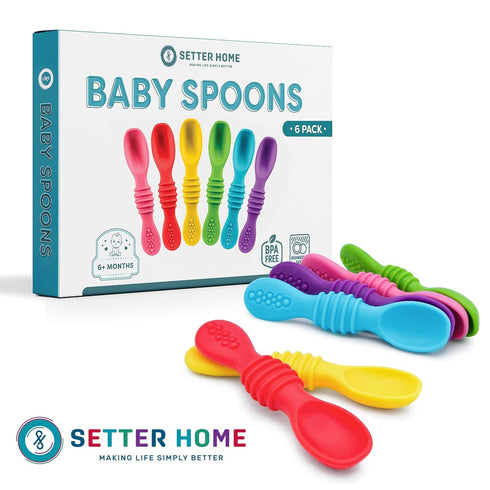 Premium Silicone Baby Spoons - 6 Pack, Self Feeding Training Utensils for Infants & Toddlers, Dishwasher Safe