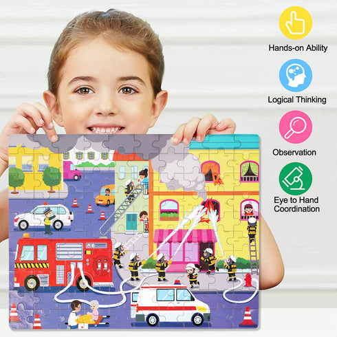100 4-8 LELEMON Pieces Jigsaw Puzzles in a Metal Box for Kids Age for Boys Girls Toy Puzzles Fire Truck Ambulance