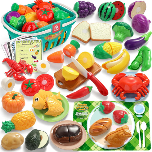 Coogam Pretend Play Food Kitchen Accessories for Kids, Fake Fruits Meats Vegetables
