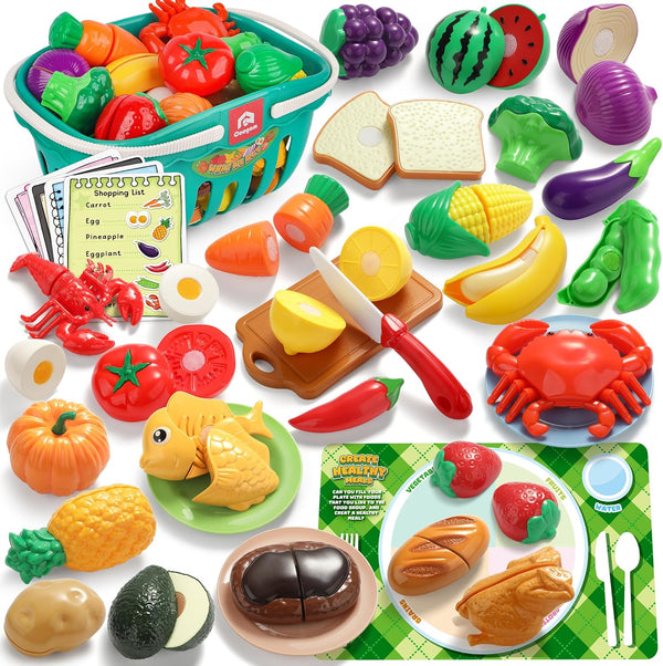 Coogam Pretend Play Food Kitchen Accessories for Kids, Fake Fruits Meats Vegetables