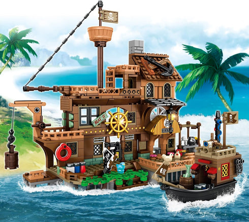 RiceBlock Sets 8-12, 573 Pirate Ship Building Toys, Pirate Wharf Themed City Store Building Bricks for Boys Age Pieces