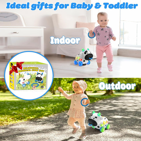 6-12-18 1 6 7 8 9 10 12 Musical Cow Baby Toys Months, Bilingual Crawling Walking Toddler Educational Learning Toy