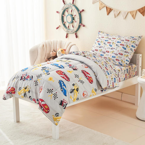 4 Set Sets Mooreeke Pieces Toddler Bedding - Soft Race Cars Toddler Comforter for Girls, Includes Quilted Comforter