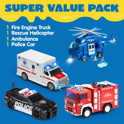 JOYIN 4 Packs Emergency Vehicle Toy Playsets, Friction Powered Vehicles with Light and Sound, Including Fire Truck,