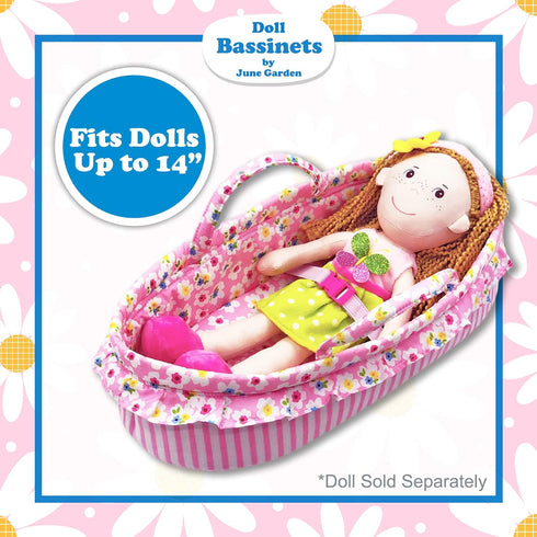 June Garden Cozy Dream Doll Bassinet - Portable Carrier for Baby Dolls up to 14", Soft Pillow & Safety Buckle