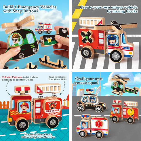 Emergency Vehicles 3D Puzzle Toy, HUZU Wooden Building Blocks for Kids 3-8, Fire Truck, Ambulance, Police Car Gifts