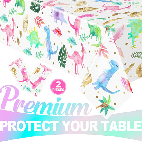 Girl Dinosaur Birthday Party Tablecloth, Pink Plastic Disposable Table Cover for 54'' x 108'' Party Supplies