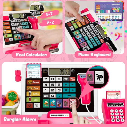 Playset, Kids Cash Register Toy Toddler Prentend Play Store with Real Calculator Cash Register with Scanner/Credit