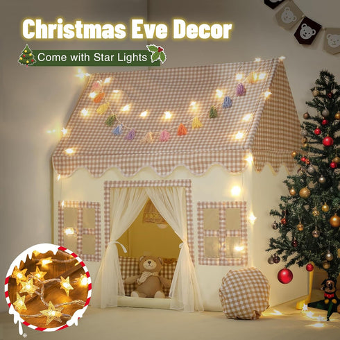 Kids Play Tent Indoor: with Brown Checkered, Mat, Rainbow Tissue Garland, Star Lights - Girl Tent Indoor Playhouse
