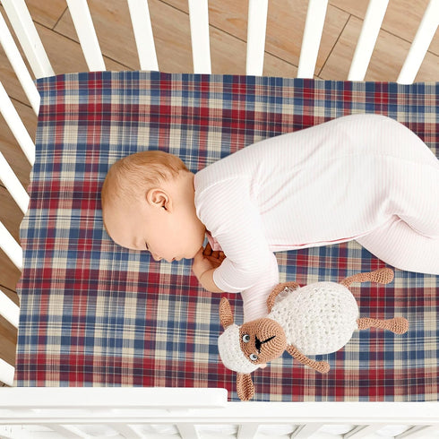 Vdsrup 39 27 5In Crib Sheets for Boys Girl Red Blue Beige Plaid Neutral Mini Crib Mattress Sheets Fitted, Toddler Baby