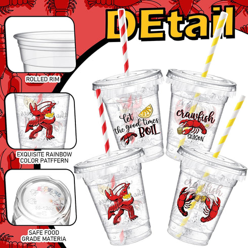 50 Pack 12oz Country Domensi Crawfish Boil Plastic Cups with Straws, Disposable Seafood Party Supplies for Lobster