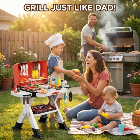 STACTCUTE Playset 60Pcs 3-5+ Set Kids BBQ Grill with Realistic Steam, Sound & Lights - Pretend Play Kitchen Food Toy