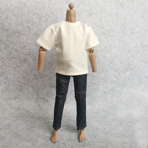 1/6 Custom Scale Clothes - T-Shirt + Jean Trousers for 12" Male Action Figure Doll Clothes (White)