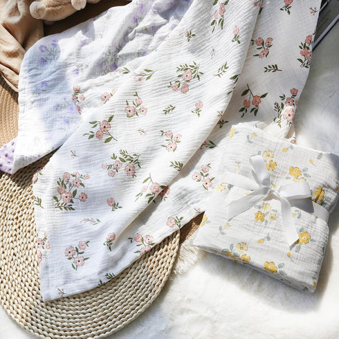 Baby Blankets for Unisex Boys Girls, Super Soft Minky Blankets with Breathable Muslin Cotton Front, Floral Printed