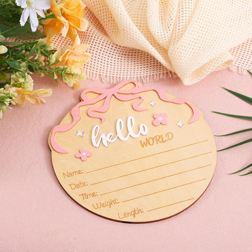 Penitue Hello World Newborn Name Sign, Wooden Pink Bow and Flower Baby Birth Announcement Board Newborn Welcome Sign