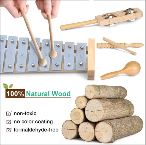 Set LOOIKOOS Toddler Musical Instruments, Eco Friendly Music for Kids Preschool Educational, Natural Wooden Percussion