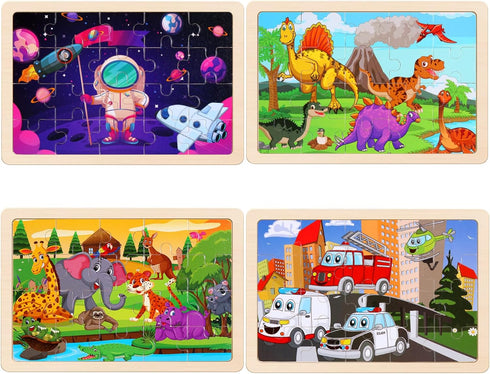 Wooden Puzzles Toys for Kids Ages 3-5 - Set of 4 Packs Dinosaur, Space, Transportation Wood Toddler Puzzles