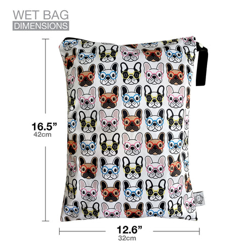 FLOCK THREE Washable Wet Bag Diaper Bag, Water Resistant Swimming Bag with Pugs Dog Print, 12.6'' x 16.5''