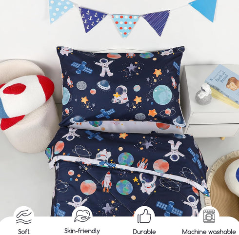 4 Set, Sets Piece Toddler Bedding Ultra Soft and Breathable Cartoon Space Toddler Comforter for Boys Includes Quilted