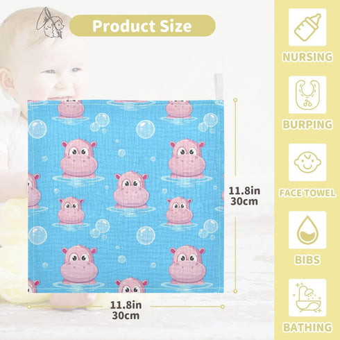 Burbuja 12x12 3 Pack Cartoon Hippos Baby Washcloths - Muslin Cotton Soft Absorbent Baby Towel for Newborn Baby