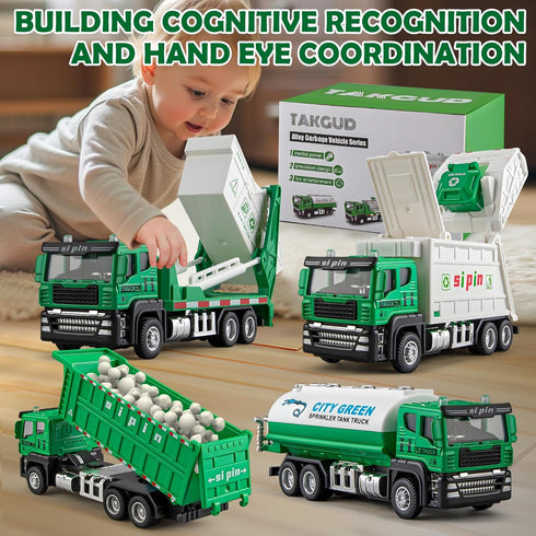 TAKGUD 4 Packs Set Die-cast Mini Garbage Truck Toy, Metal Trash Truck Vehicles for Kids, Friction Powered Recycling