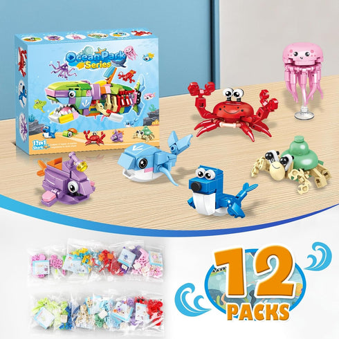 12 Pack Set, 12 1 14+ (353pcs) HIGH GODO Party Favors Building in Shark Marine Animals Building Blocks Toy for Goodie