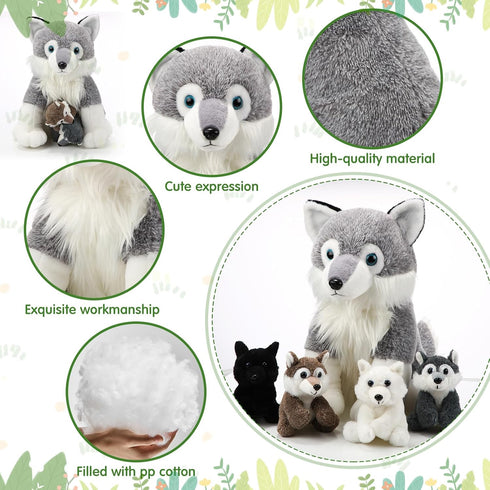 Honoson 5 Set 14 Inch Mommy 4 Pcs Wolf Plush Toy Wolf Stuffed Animal with Babies Soft Plushie for Boys Girls Birthday