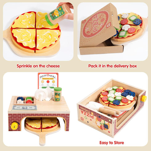 3+, Playset 3 4 5 6 Wooden Pizza Toy - Montessori Pretend Play Food for Ages Educational Learning Toy Wooden with Bake