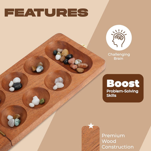 Set (72+8 Ajuny Wooden Mancala Board Game Classic Board Games, Portable Folding Travel Mancala Board with Marbles