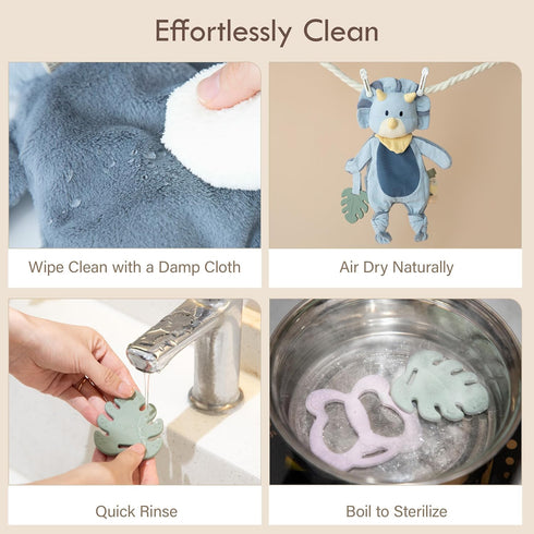 Moonkie Baby Lovey with Silicone Teether, Dinosaur Security Blanket with Textured Ribbons, Crinkle Toys, Soft Minky