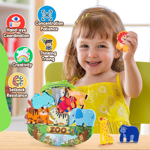 Animals Montessori Toddler Toys for 2-7 Year Old Boys Girls, Wooden Animal Blocks Stacking Toy, Educational Fine Motor