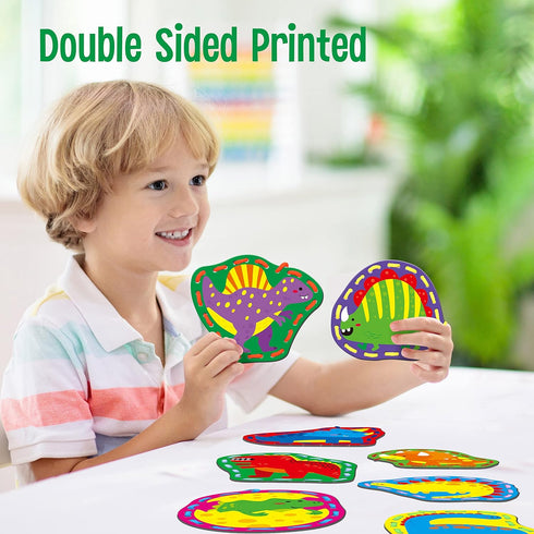 9 Pieces Kids Lacing Cards, Double Sided Sewing Cards with 9 Dinosaurs and Colorful Laces, Educational Activity