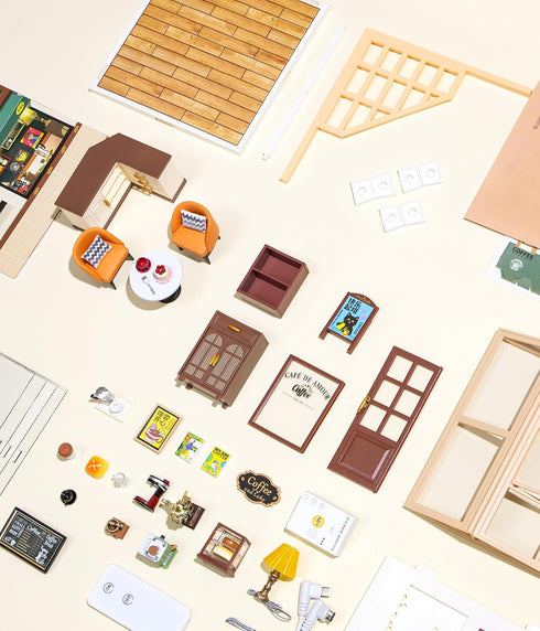 115 DIY Retro Coffee Shop Miniature House Kit, Pieces Mini Dollhouse with Furniture & LED Light with Roof & Dust Covers