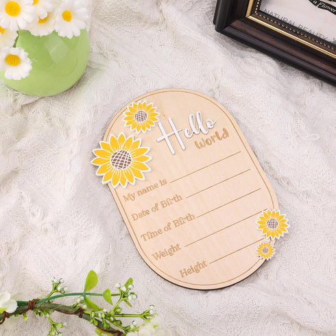 Gosknor 5.9in Baby Announcement Sign, Newborn Announcement Sign, Oval Sunflower Hello World Sign, Wooden Welcome Birth