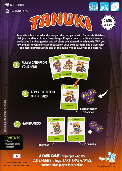 | Tanuki | Take-That Card Game | Non-Stop Player Interaction | 3 to 8 Players | 20 Minutes | Ages 7+