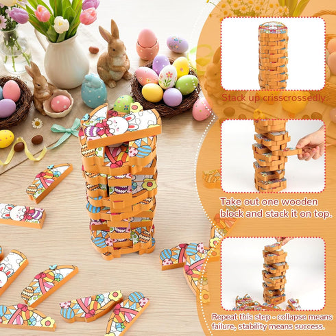 Y-FABKKI Easter Wooden Blocks Stacking Games, Bunny Egg Basket Theme Tumbling Tower and Balance Game for Adults, Kids