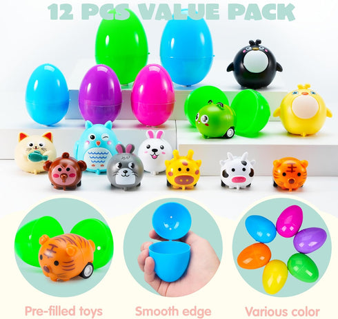 12 JOYIN Pcs Prefilled Easter Eggs with Toys, Plastic Easter Eggs with Animal Cars for Kids Gift, Basket Stuffers