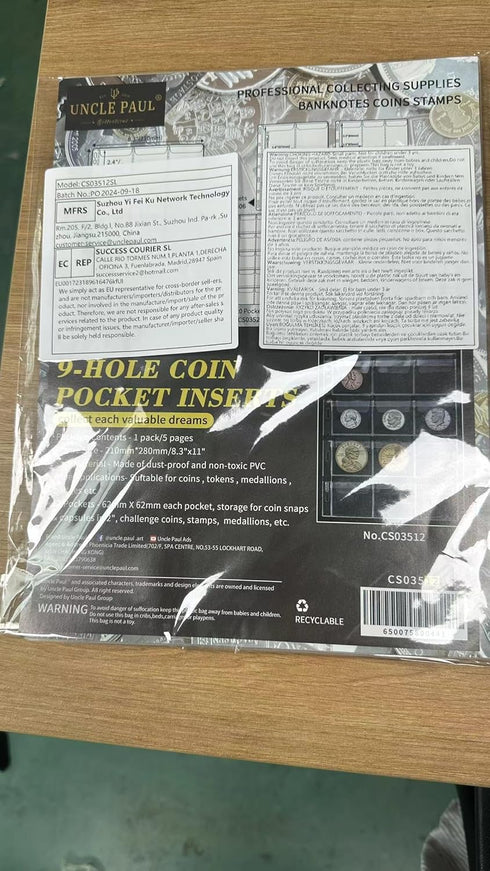 Uncle Paul Coin Collecting Pages, 5 Sheets 12 Pockets Standard 9-Hole Coin Pocket Inserts, Collecting Sleeves for Coins