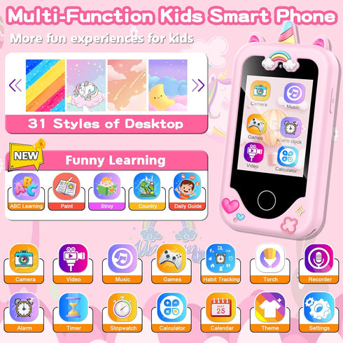 Kids Smart Phone for Girls, 2.8" Touchscreen Learning Toy with Dual Camera, Music Player, 8G SD Card (Pink)