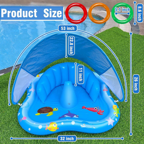 Swimming iGeeKid Baby Play Mat with Sprinkler, Inflatable Baby Pool Float with Canopy Backrest & Stackable Rings Water
