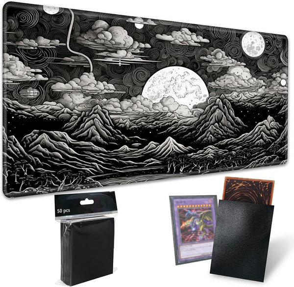 TCG Playmat Board Game Mat Plus 50 Pcs Card Sleeves, 24 x 14 Table Mats with Soft Surface Non-Slip Base