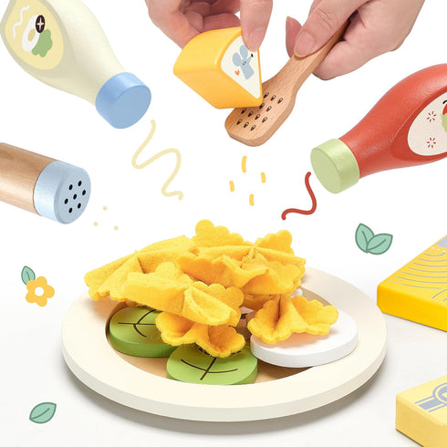 Playset, Set 3+Years Pillowhale Pasta Food Toys, Wooden Play Kitchen Food , Play Food with Pots and Pans Kids Pretend