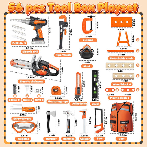 Set 56 Set 3-5 Kids Tool Toys, Pcs Toddler Tool with Toy Chainsaw & Electronic Drill,Vest, Pretend Play Kids