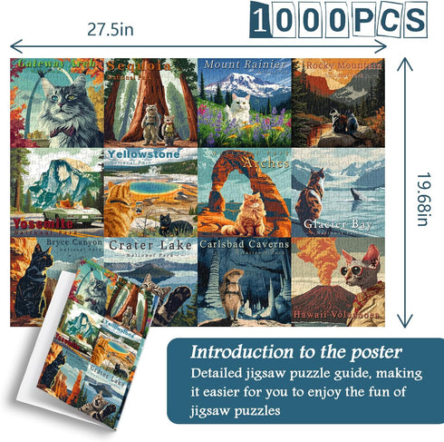Cat Puzzles for Adults 1000 Pieces and up, National Parks Puzzle Series Kitty Travels Yellowstone Glacier