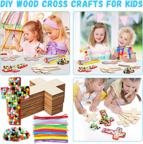 Blueweenly DIY Wood Cross Crafts for Kids Sunday School Supplies, 24 Unfinished Wood Crosses and Craft Materials