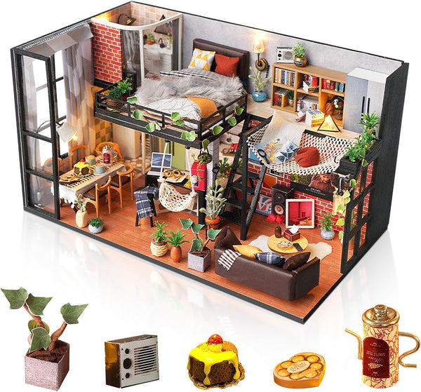 DIY Miniature House Kit, Dollhouse Kit with Furniture, 1:24 Mini House Making Kit for Adults