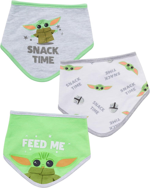 STAR WARS Baby Boys Baby Yoda Bandana Bibs - 3 Pack Set for Feeding, Teething, Drooling (Green/White/Grey)