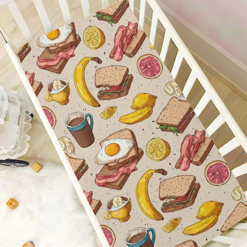 Pigsaly 27x39 Inch Crib Sheets Grunge Fruits Coffee Eggs Bacon Baby Sheet for Standard Crib Mattress Boys Girls Toddler